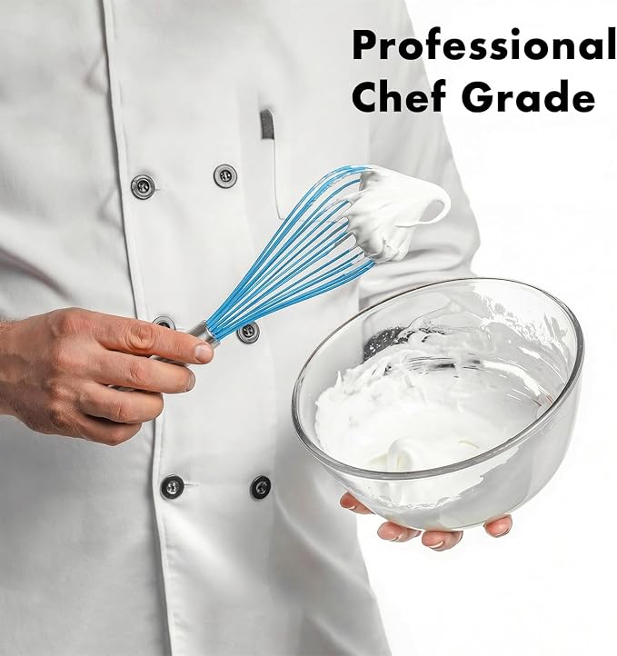 OYV 10-Inch Blue Silicone Whisk, Non-Scratch, 18/10 Stainless Steel Handle | 480°F Heat Resistant, BPA-Free Silicone, Sealed Waterproof Handle, Nonstick-Safe, Dishwasher Safe