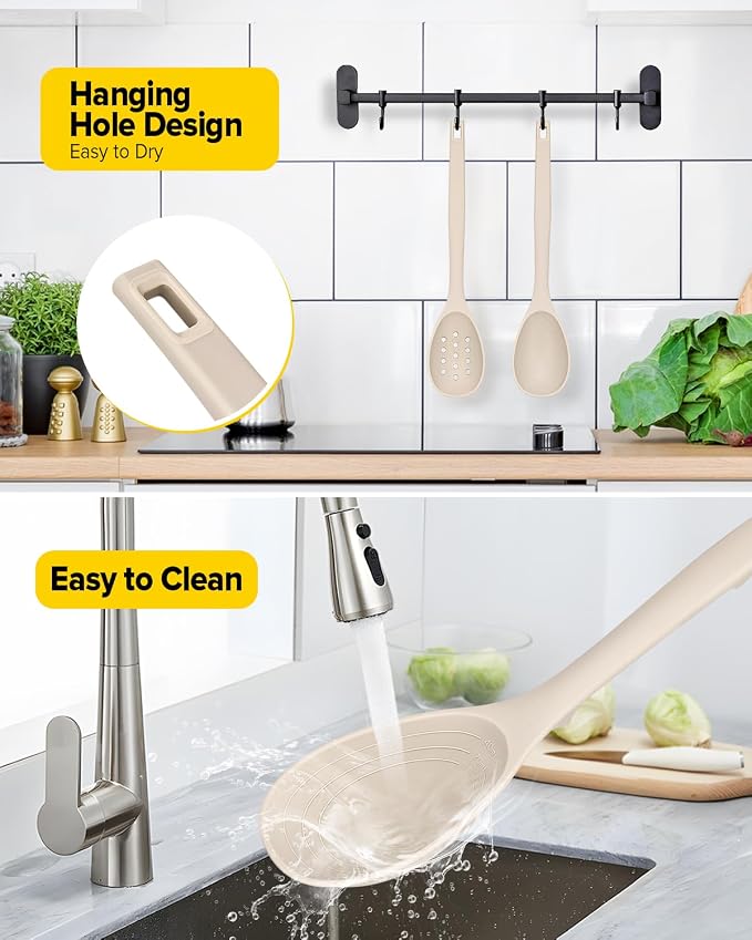 Pack of 2 Silicone Cooking Spoons, Non Stick Solid Kitchen Spoon with Measuring Marks & Back Hooks, Heat Resistant Silicone Slotted Spoon for Cooking, Mixing, Stirring,Serving(KHAKI)