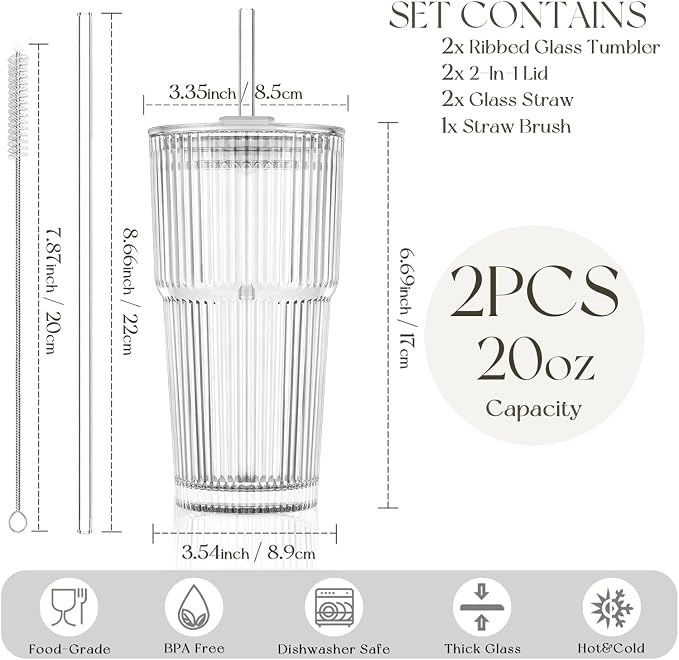 KEMORELA 20oz Ribbed Glass Tumblers with Lids and Straws,Iced Coffee Cups | Reusable thick-wall glass, Leak-Proof Lids, Fits Most Car Cup Holders, For Iced Coffee and Cold Drinks, With Cleaning Brush