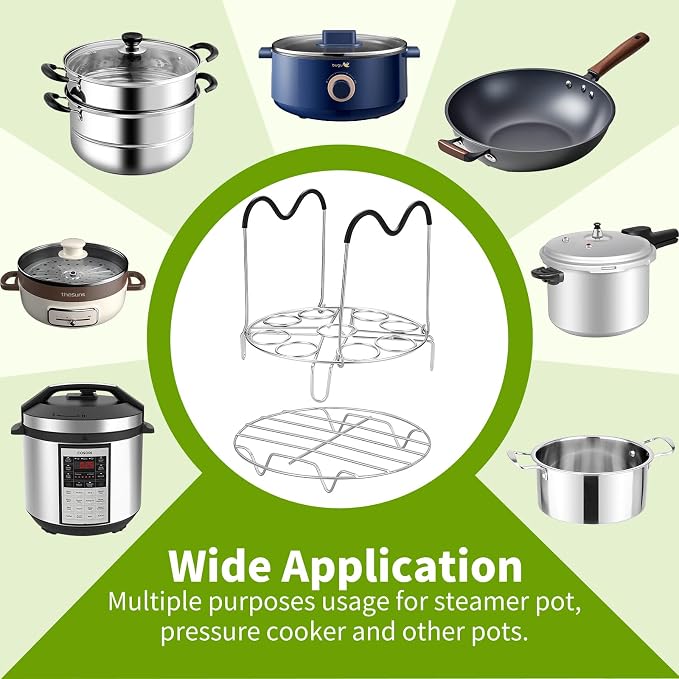 Steamer Cooling Rack Trivet Accessory Set, Include 9-holes Egg Steamer Cooking Rack with Heat Resistant Silicon Handles & Compatible for 6, 8 Quart Pressure Cooker Trivet, Instant Pot Accessories