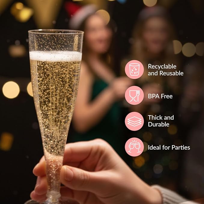 Prestee 200 Disposable Champagne Flutes Gold Glitter Glasses - 4.5 Oz Plastic Champagne Cups for Parties, Wedding Toasts, Mimosa Bar, and New Year’s Eve - Elegant Bulk Gold Plastic Wine Flutes | Disposable