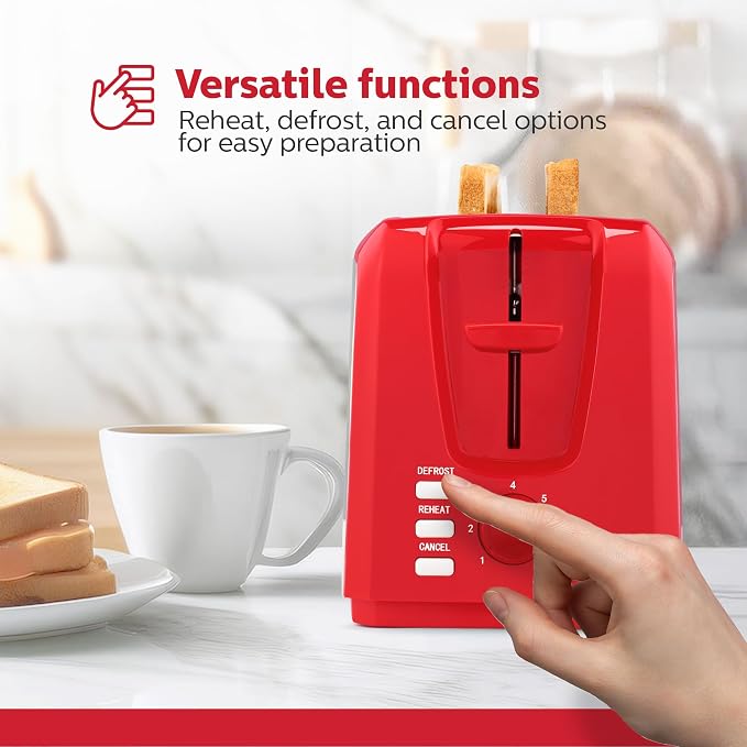 Holstein Housewares 2-Slice Toaster with 7 Browning Settings, Extra-Wide Slots, Reheat, Defrost, Cancel, High-Lift Release, Removable Crumb Tray – Compact Stainless Steel, Red
