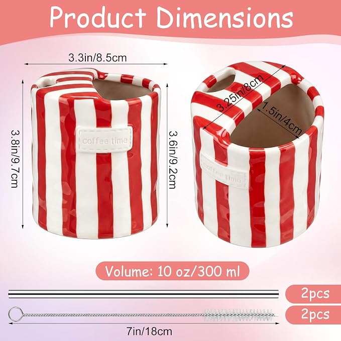 1 Pack Ceramic Mug with Sip Hole, Simple, Red | 10oz Ceramic Coffee Cup with Straws, Retro Hand Painted Striped, for Iced Coffee Tea Latte Espresso, Kitchen Dining Travel