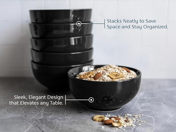 KooK Soup Bowls, Cereal Bowl, Ceramic, Bowls for Kitchen, Microwave, Dishwasher and Freezer Safe, Porcelain Dishes for Pasta, Salad, Oatmeal, Deep Interior, 20 oz, Set of 6, (Black)