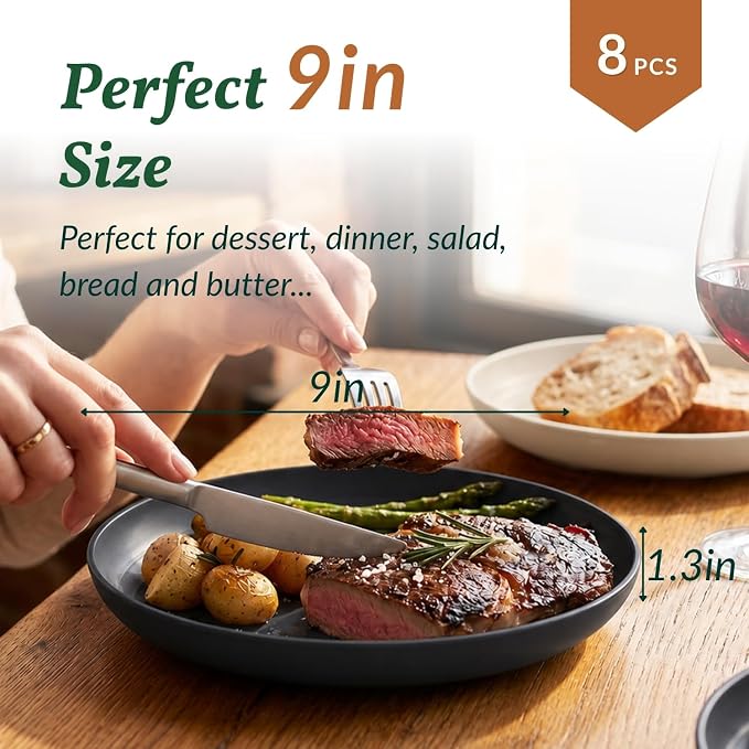 Wheat Straw Plates Set of 8, Reusable Lightweight and Unbreakable 9 inch Plates, Premium Microwave and Dishwasher Safe Plates for Kitchen, Camping, Picnic, Party - GreyStone
