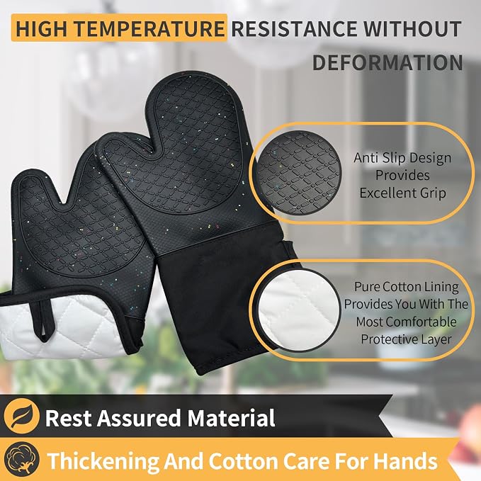 Oven Glove Cute,Cooking Mittens,Oven Mittens for Kitchen,Oven Gloves for Kitchen,Washable Silicone Oven Mitts Heat Resistant 500°F, Potholders for Kitchens Cooking Baking(Black