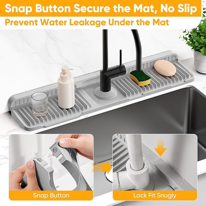 24'' Folding Faucet Mat for Kitchen Sink Splash Guard[7° Slope Fast Self-draining][Snap Lock Fit] Kitchen Sink Faucet Mat Splash Guard Kitchen Sink Area Water Splash Guard Behind Faucet Draining Mat