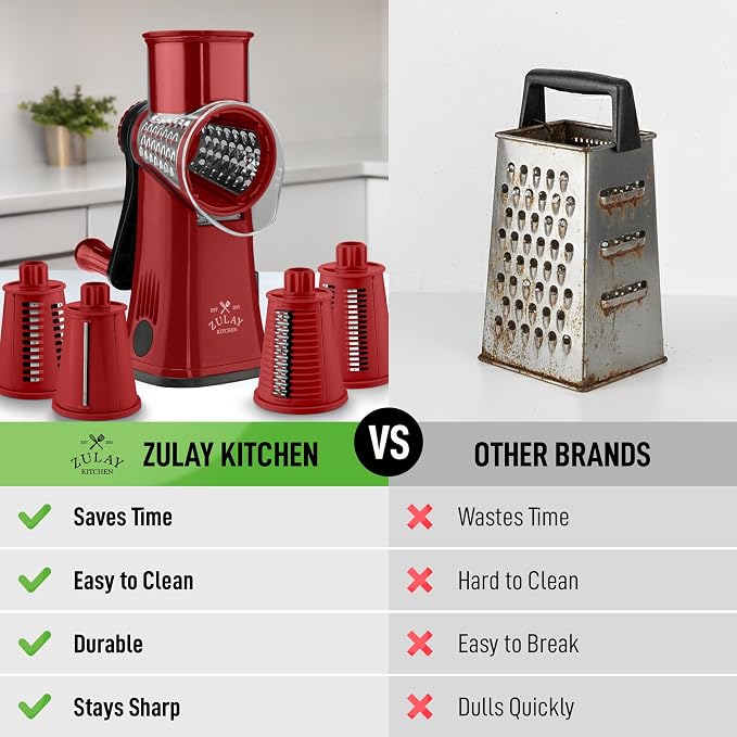 Zulay Kitchen Rotary Cheese Grater 5 Blade Cheese Shredder - Manual Hand Crank Cheese Grater With Reinforced Suction & 5 Interchangeable Drums - Easy to Use, Vegetable Chopper Round Mandoline Slicer