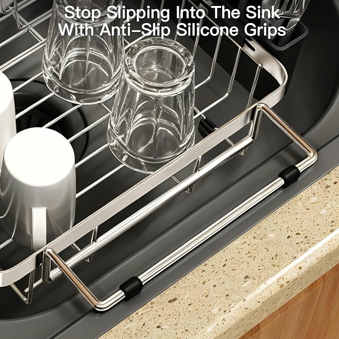 Dish Drying Rack Over The Sink with Utensil Holder | Expandable Stainless Steel Dish Drainer for Small Kitchen, Apartment, RV, Counter Space Saving, Perfect Fit, Rustproof