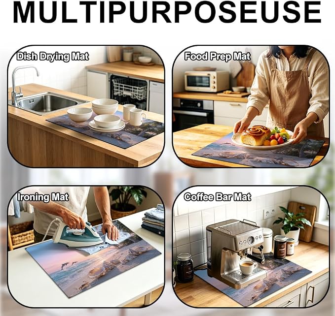 Beach Stove Top Cover, Tropical Coastal Kitchen, 28x20 in | Sunset beach with dolphins, palm trees and seashells; non-slip mat; protects glass and electric cooktops; 28.4 x 20.5 in