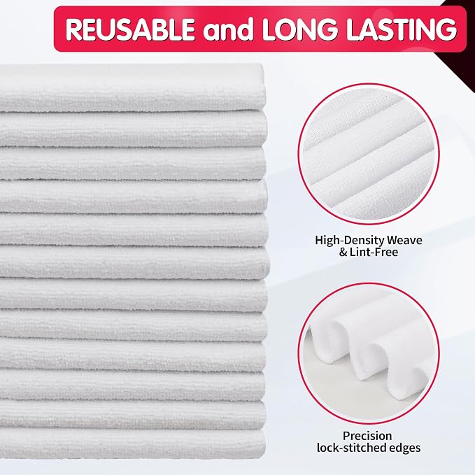 White Microfiber Cleaning Cloth -Pack of 12, Highly Absorbent Cleaning Rags, 16"X12" All Purpose Cleaning Towels for Housekeeping, Kitchen, Car, Lint Free and Reusable Microfiber Towels