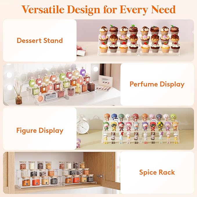 Lifewit 14″ Spice Rack, Perfume Cologne Stand,Tool-Free Assembly, 2 Pcs | 3-Tier Clear Display Riser Shelf, Cupcake Stand, Seasoning Figurine Makeup Holder, Room Decor, Kitchen Cabinet Storage