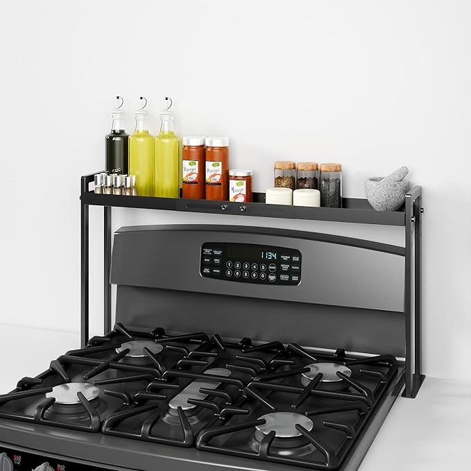 Bumusty Adjustable Stove Top Shelf, 4-Level Spice Rack, Black | Adjustable width and height use vertical space to keep spices organized above stoves or on kitchen counters.