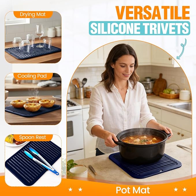 Silicone Trivets for Hot Pots and Pans - 2 Heat Resistant Pot Holders Silicone Trivet Mat Multipurpose Counter Pads (Navy Blue)