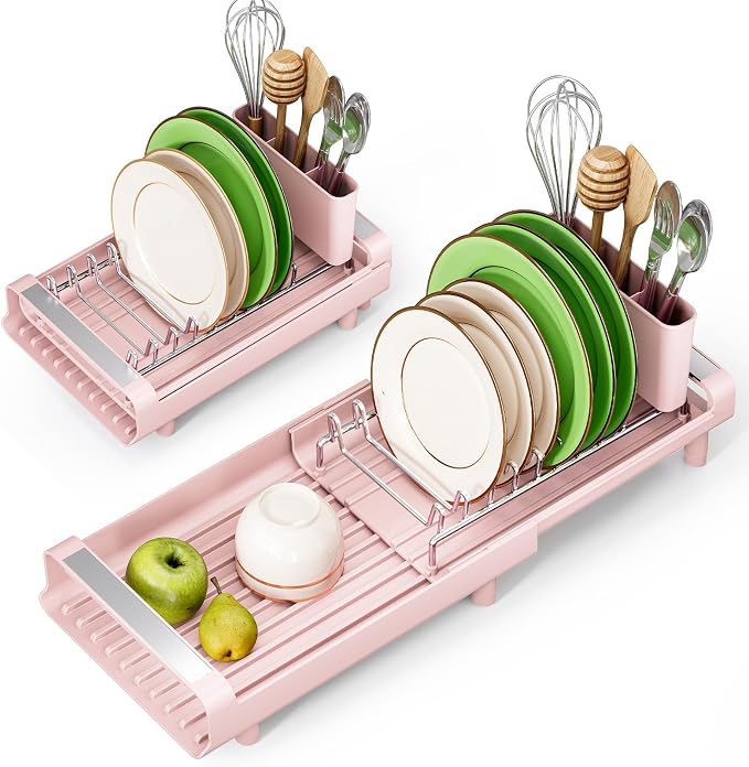 TOOLF Small Dish Drying Rack, Expandable and Space-Saving, Pink | Mini Dish racks for kitchen counter, Compact Design Fits Sink or Counter, Stainless Steel Plate Rack, 11"-19.3"L×7.7"W×3.54"H