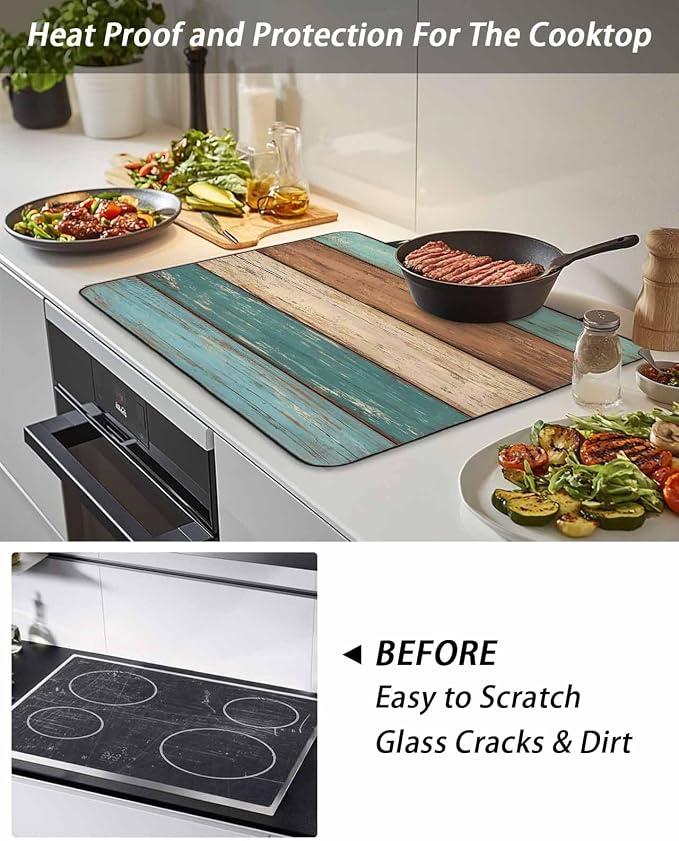 Stove Top Covers for Electric Stove 36x21 Inches,Turquoise Brown Retro HeatResistant Glass Cooktop Protector,Vintage Farmhouse Wood Grain Ceramic Stovetop Countertop Covers Mat,Distressed Oven Cover