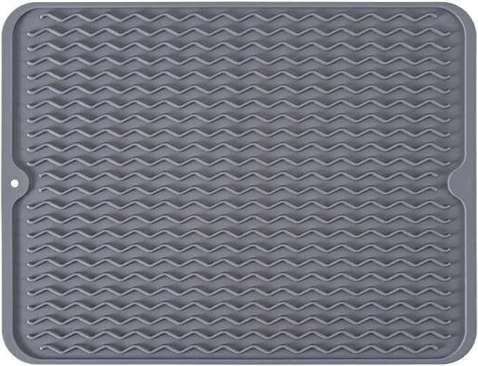 Silicone Dish Drying Mat, Non-Slip Easy Clean Sink Mat, Grey, 17" x 14" | Quick-Dry Ridges, Large Heat-resistant Dish Drainer Mat for Kitchen Counter, Hangable & Roll-Up for Storage, Dishwasher Safe