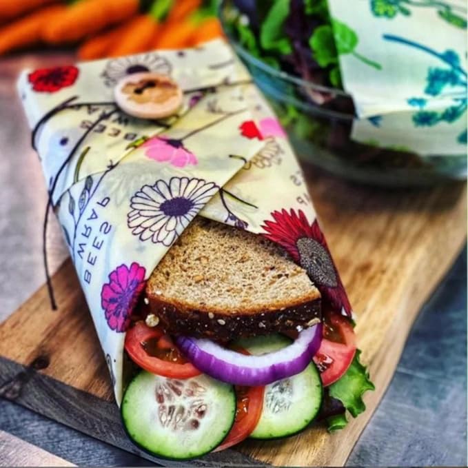 Bee's Wrap Vegan Sandwich Wrap - Meadow Magic | Button & Tie Closure - Plastic Free - Organic Plant Based Wraps - Reusable Lunch Wrap - Sandwiches & Snacks - Made in USA