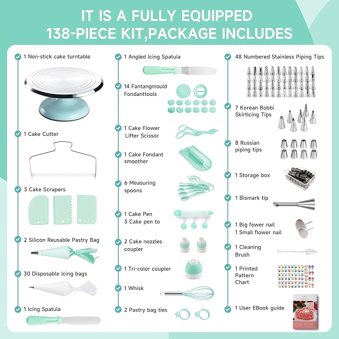 Cake Decorating Kit, 138pcs Cake Decorating Supply with Aluminium Cake Turntable, 64 Numbered Icing Piping Tips, 2 Spatulas, 3 Icing Comb Scraper and Leveller, 32 Piping Bags,cake decorating tool