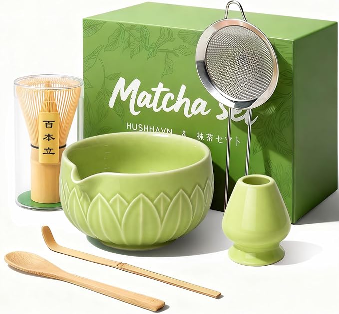 Matcha Whisk Set, Ceramic Matcha Set Includes Bowl & Holder, Bamboo Whisk (Chasen), Scoop, Spoon and Sifter, 6Pcs Matcha Kit Covers Everything Needed for Making Matcha (Leaf Green)