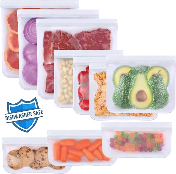 Lerine 10 Pack Reusable Freezer Bags Dishwasher Safe, Food Storage Bags | BPA-Free, Food-Grade Material, Leakproof, Extra Thick, Double-Seal, for Marinating Meats, Lunch, Sandwich, Snack, Travel