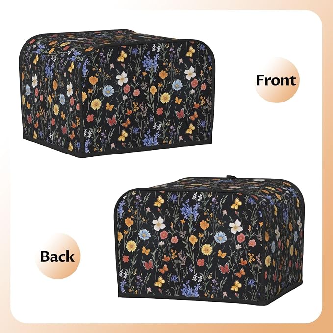4 Slice Toaster Cover Vintage Botanical Flower Wildflower Dust Proof Washable Kitchen Appliance Cover with Pocket, Oxford Fabric Countertop Toaster Protector for Standard Toasters Small Appliances