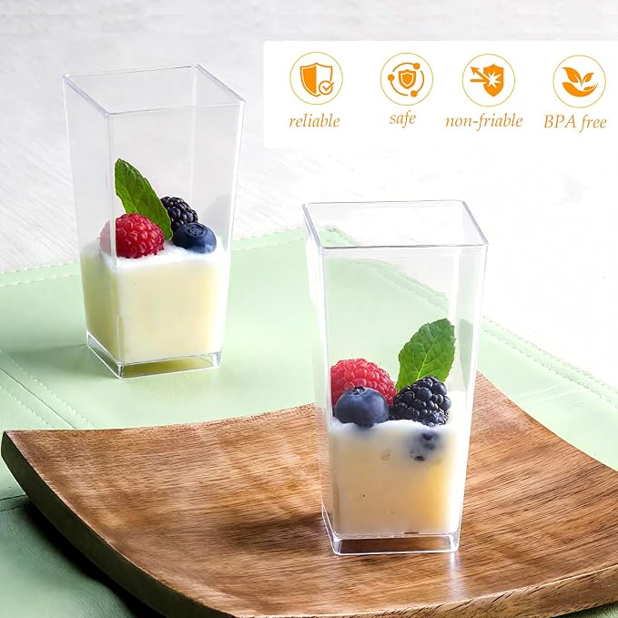 mwellewm 240 Pcs Dessert Cups with Spoons 120 Pcs 3 OZ Mini Clear Plastic Desert Parfait Cup 120 Pc Spoons for Party Small Square Serving Wine Shot Disposable Fruit Ice Cream Mousse Appetizer Bowl