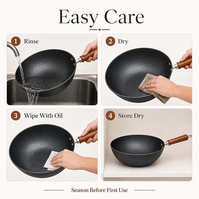 Carbon Steel Wok Pan, Flat Bottom Stir Fry Wok (10.20 inch)
