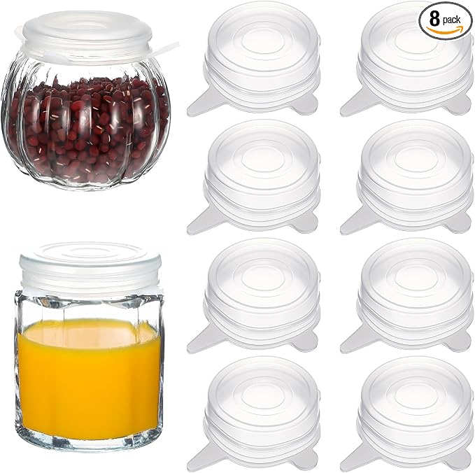 Extra Small Silicone Stretch Lids 2 Inch, 8 Pack Cruet Lid Reusable, Food Grade Elastic Bottle Caps for Yogurt Jars, Milk Bottles, Cans Lids Small, Dishwasher and Freezer Safe, Clear
