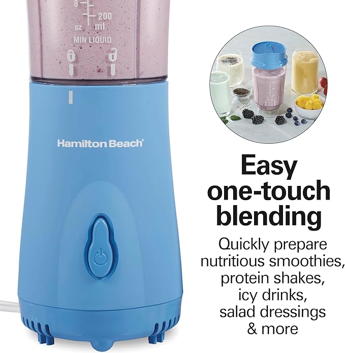 Hamilton Beach Portable Blender for Smoothies With 14 oz. Travel Jar | BPA Free Jar & Lid | Durable Stainless Steel Blades | 300 Watts Peak Power | Personal Smoothie Blender | Blue | 51172G