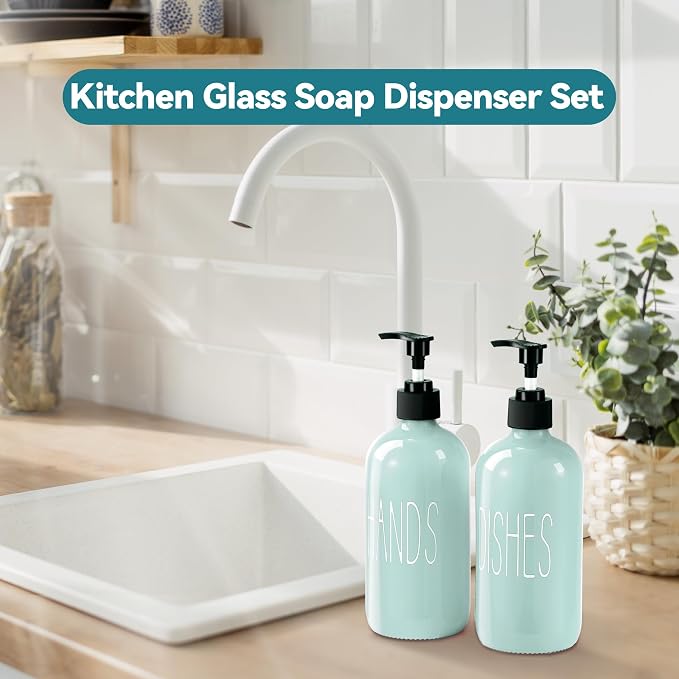 COHOSEGE Glass Soap Dispenser Set 2 Pack,16 Oz Dish Soap Dispenser for Kitchen Sink,Green Kitchen Accessories and Kitchen Decor,Green Decorations and Kitchen Utensils for Kitchen