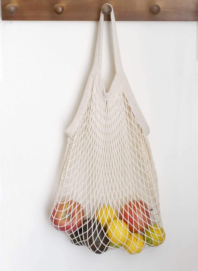 meetall Netted Tote Bags for Grocery, Reusable Cotton String Market Mesh Bags with Sturdy Handle - Eco Friendly Washable Produce Storage, 5 Pack 2 Sizes Off White