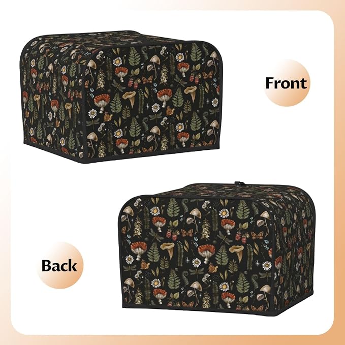 4 Slice Toaster Cover Vintage Mushroom Leaf Forest Dust Proof Washable Kitchen Appliance Cover with Pocket, Oxford Fabric Countertop Toaster Protector for Standard Toasters Small Appliances