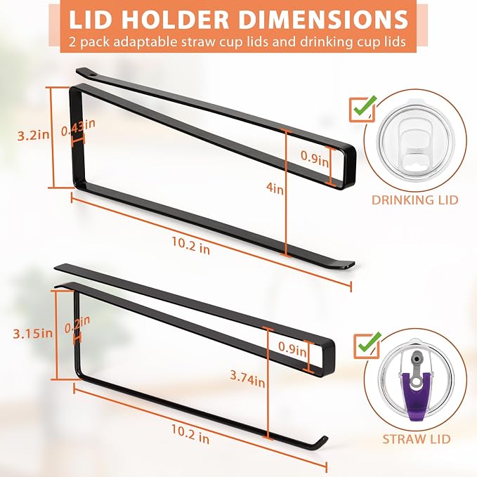 2 Pack Tumbler Lid Organizer, Versatile Storage Holds 20 Lids, Round&Flat | Space Saving Cup Lid Organizers Inside Cabinet Tumbler Lid Hook for Pantry Kitchen Organizer, Paper Towel Rack Hanger, Black