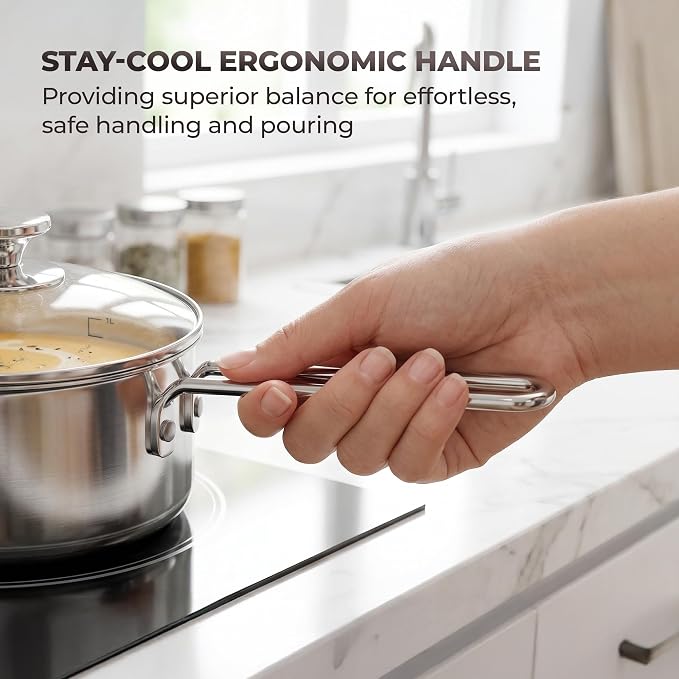 SUNHOUSE 1.5 QT Sauce Pan with Lid & Pour Spouts, Tri-Ply Base | Small 18/10 Stainless Steel Pot & Milk Pan with Cover - Induction Compatible - PFOA Free, Dishwasher Safe