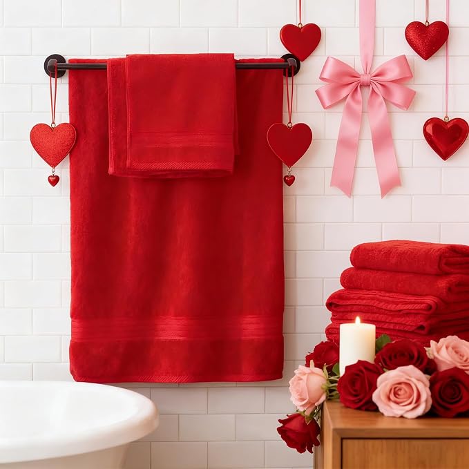 COZYART Luxury Bath Towel Set 3 PCS, Red 100% Turkish Cotton 650 GSM | OEKO-Tex 100 Certified Zero Twist Ring Spun, Soft Absorbent Quick Dry, Plush Fluffy, Breathable Hotel Quality for Daily Use
