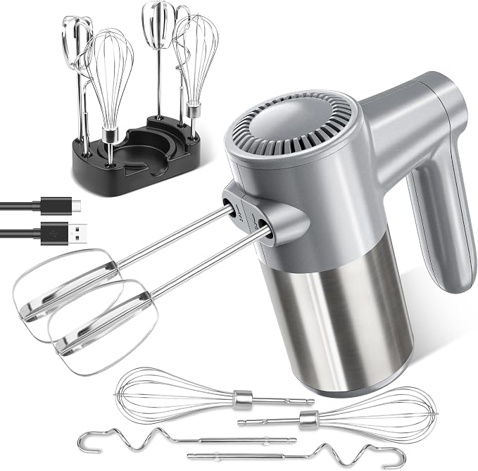 binROC Cordless Electric Hand Mixer, 7-Speed with Storage Base, Silver | Rechargeable, Eject Button, Long Battery, Quiet Anti-Splash, 6×304 Stainless Attachments, Self-Stand for Cake, Dough Baking