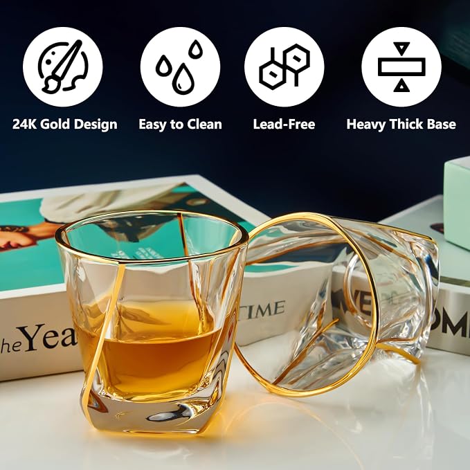 GLASKEY Crystal Whiskey Glasses Set of 2 with 24K Gold Rim,Bar Glasses,Twisted Whiskey Glass Gold Collection for Bourbon,Scotch and Wine,Rock Barware for Men Gift - 8oz