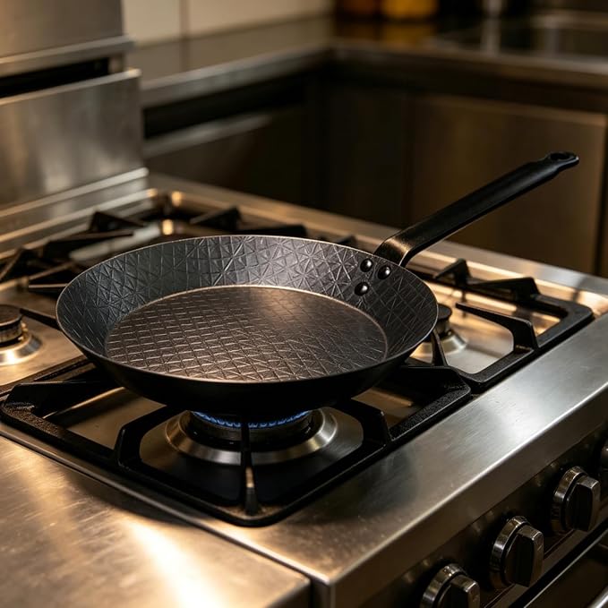 11 Inch Pre-Seasoned Carbon Steel Frying Pan, Naturally Non-Coated Skillet with Grooved Texture for Steak, Stir Fry, Tortilla, Crepe, All Stoves Compatible