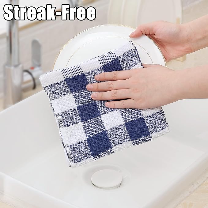 Homaxy Kitchen Towels and Dishcloths Set, Set of 8, Blue & White | Bulk Cotton Waffle Weave Check Plaid Kitchen Towels, Super Soft and Absorbent Dish Cloths, 12 x 12 and 13 x 28 Inches