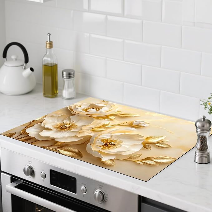Nuxovilar Floral Stove Cover Diatom Mud 28.35x20.47 In | Glass Protector Countertop Mat Counter Saver Cooktop Cover Kitchen Dining Room Home (Floral Design Pattern)