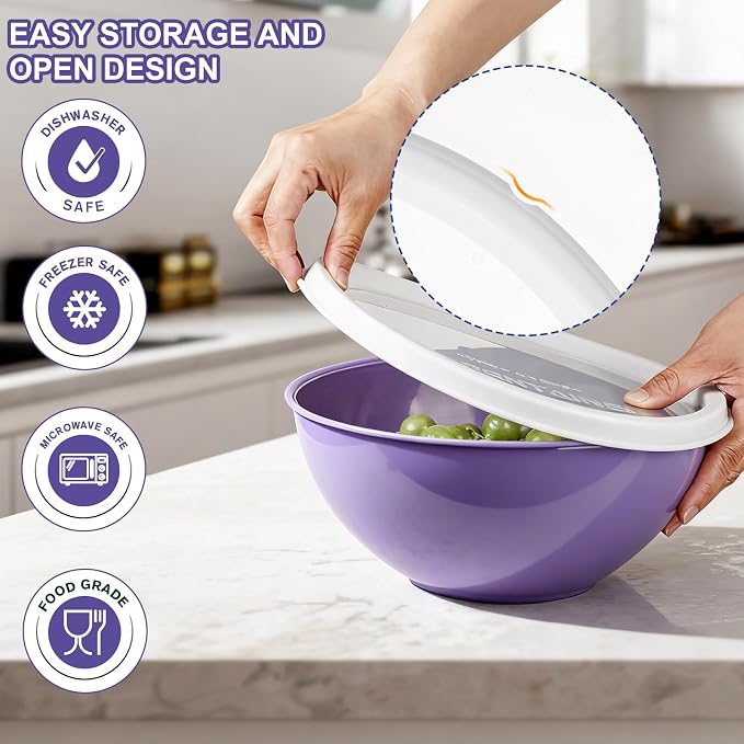 Greentainer Plastic Mixing Bowls with Lids Set for Kitchen, 6 Set Nesting Bowls for Mixing, Baking, Prepping, Cooking and Serving Food, Mixing Bowls Dishwasher, Microwave Safe