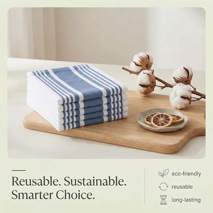 Urban Villa Kitchen Towels 100% Cotton Dish Towels for Kitchen (Set of 6) 20”x30” Dish Cloths Highly Absorbent Kitchen Linen Set with Hanging Loop Perfect for Drying Dishes Cleaning Towels-Blue White