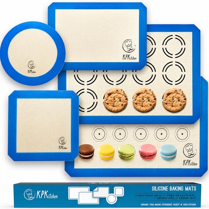 Silicone Baking Mat Set of 5, Nonstick Cookie Sheets, Multiple Sizes - Blue | 2 Half Sheets with Macaron & Cookie Circles, 1 Quarter Sheet, 1 Round & 1 Square, 100% Silicone, Easy-Clean, Reusable Liners.