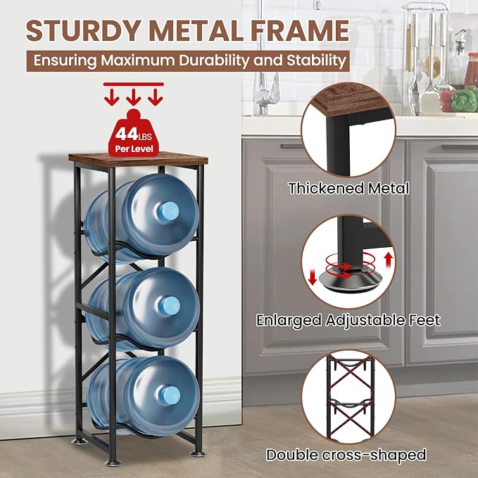 5 Gallon Water Jug Holder, 3-Tier Water Bottle Holder with Wood Top Shelf, Heavy Duty Water Cooler Jug Rack, Water Dispenser Storage Stand for Office and Living Room