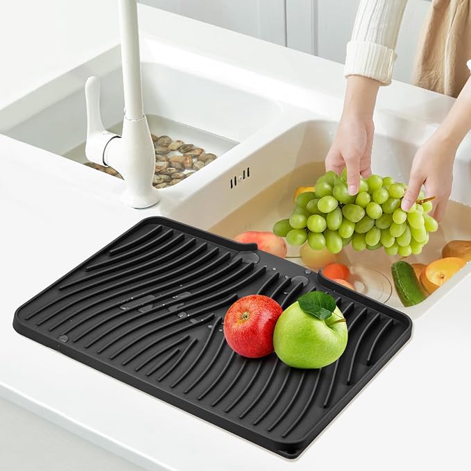 TIKNIK Silicone Dish Drying Mat for Kitchen Counter, Black-1pc, 20" x 15" | Heat Resistant & Non-Slip Dish Drain Pad with Built-In Drain, Dishwasher Safe, Quick-Dry, Hangable & Roll-Up for Storage