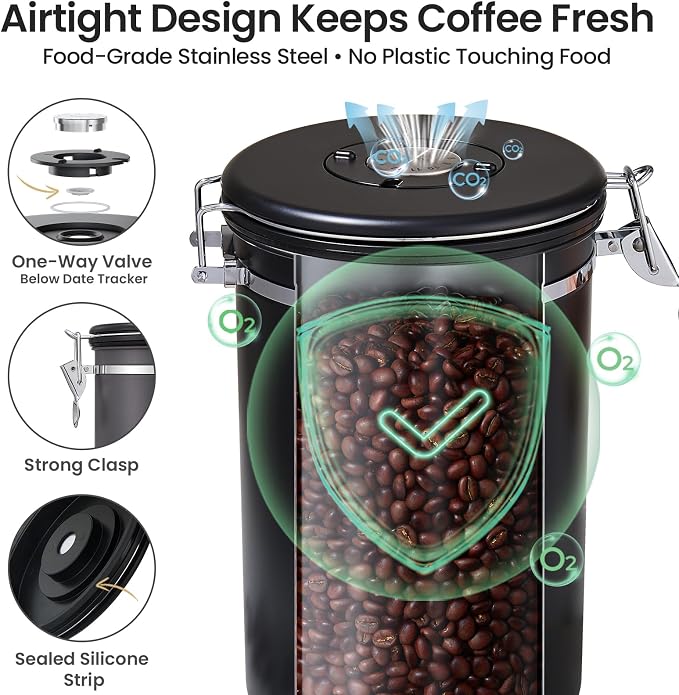 Veken Coffee Canister,39OZ, 2.2lbs,Large Airtight Stainless Steel Container Kitchen Food Storage Jars for Beans,Ground, Espresso, Rice,Tea, Sugar, Cereal, Gifts, Date Tracker, Scoop, Black (Pack of 2)