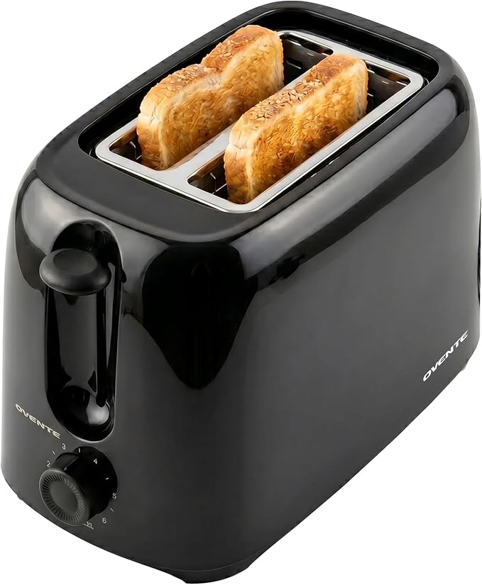 OVENTE Electric 2 Slice Toaster Machine 6-Shade Setting, Black TP2210B | Compact Design and Removable Crumb Tray, 700W Power Perfect for Toasting Bread, Thin Bagels and Waffles