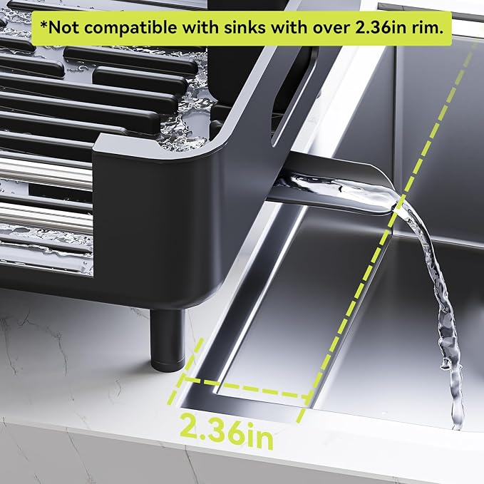Urackify Extendable Stainless Dish Drying Rack for Kitchen Counter, Black | 13.78"W x 18.7"L, Foldable Drainboard for Space Saving, Knife and Utensil Holder, Fast-draining Spout