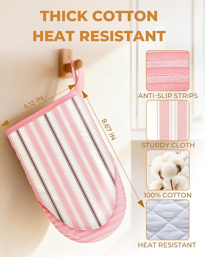 100% Thick Cotton Mini Oven Mitts Silicone Grip Pink Stripe | Elegant Classic Oven Mitts for Women, Machine Washable, Non-Slip, Reversible Design Fits Both Hands, Stylish Kitchen Decor